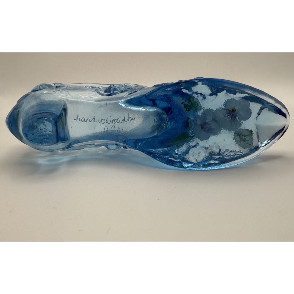 Fenton Blue Floral Hand Painted Glass Victorian Shoe Slipper 6 Inches Signed - Picture 6 of 9